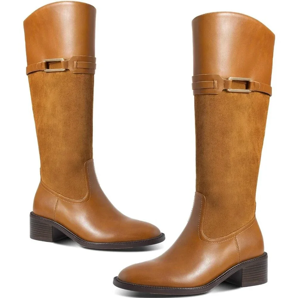 Women's Brown Round Toe Chunky Block Heel Zipper Buckle Riding Knee High Boots